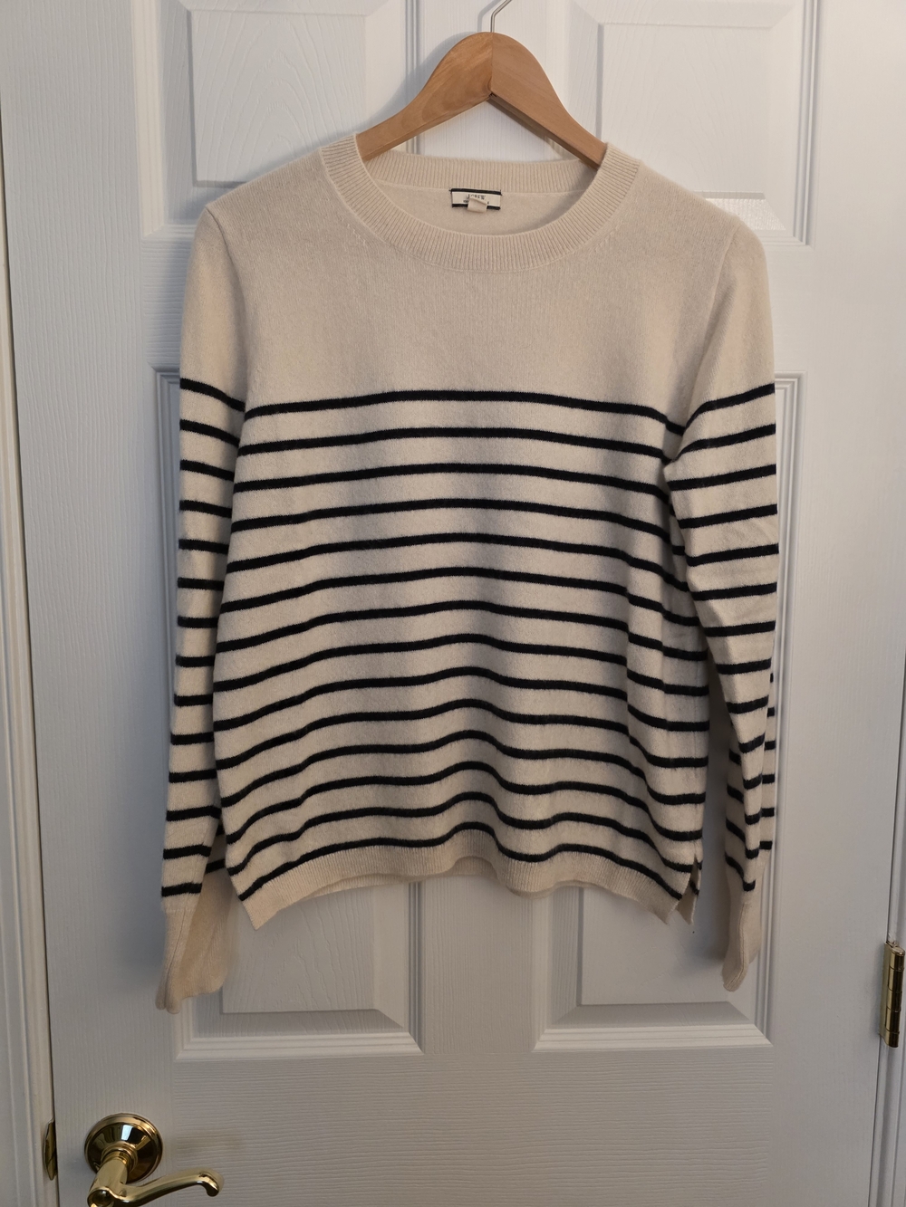 J. Crew Cashmere Cream Crewneck Sweater with Black Stripes